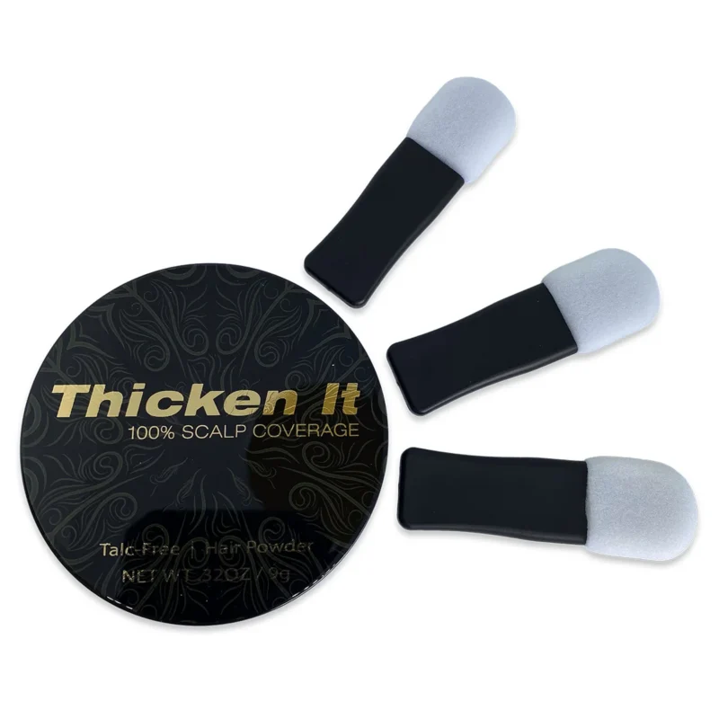 Thicken It 100% Scalp Coverage Powder compact and applicator on white background