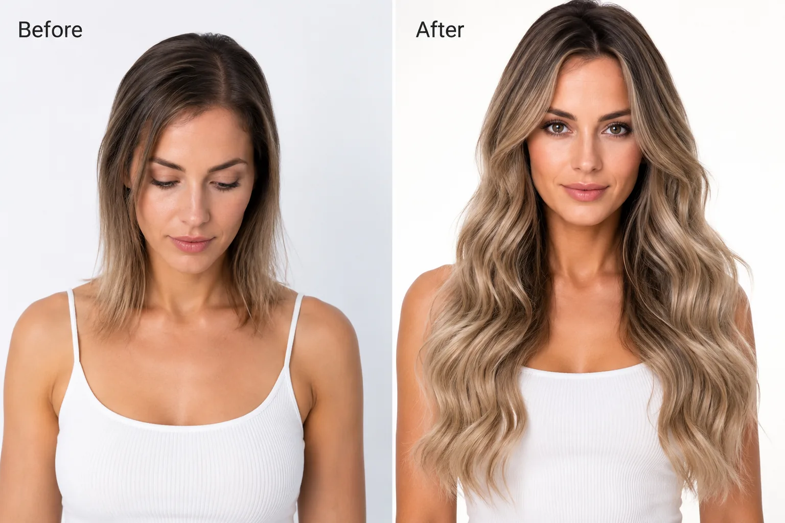 Before and after split-screen showing added length, volume, and waves after TIS tape-in extensions