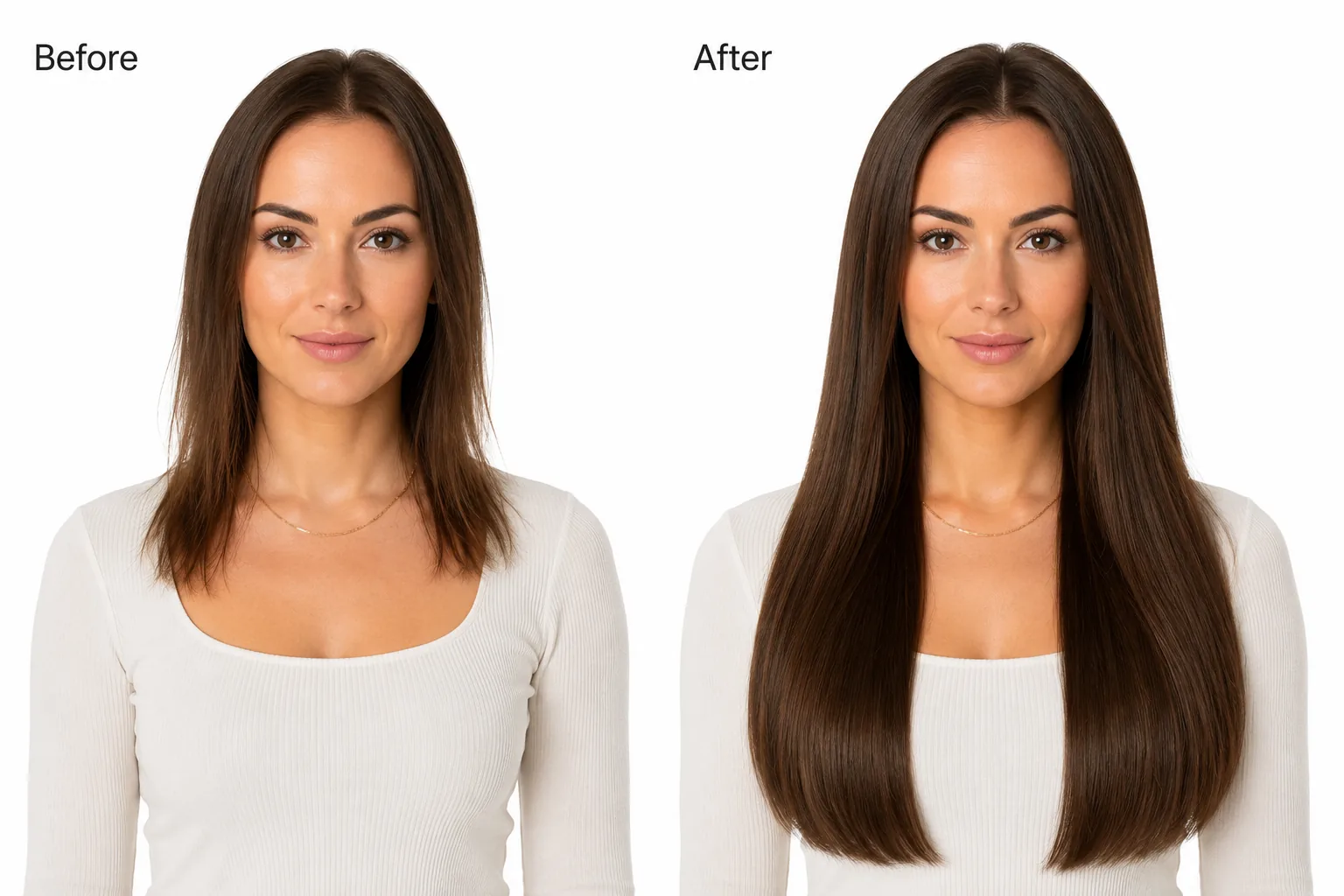 Before and after split-screen showing hair length and volume before TIS tape-in extensions versus after application