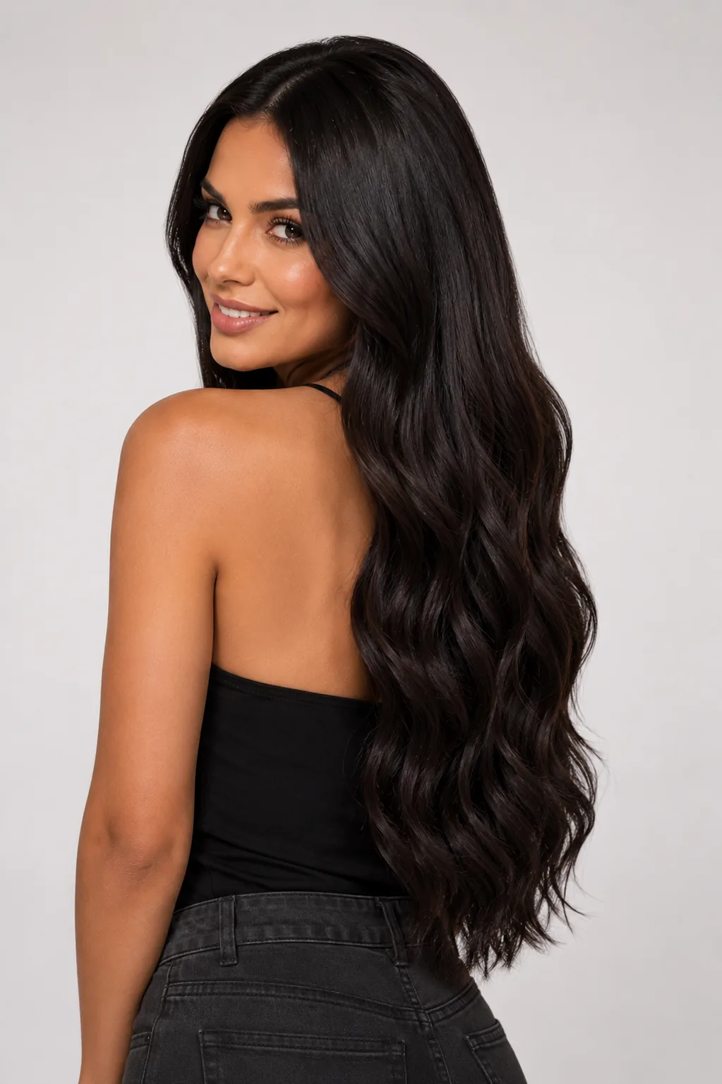 Truly Seamless double-sided tape-in extensions - dark hair back view, showing the seamless blend