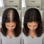 Before and after using Thicken It 100% scalp coverage powder on a widening part — matched crown view.