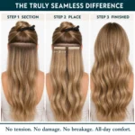 The Truly Seamless difference in three steps — section, place two 3-inch wefts side by side, finished blended result.