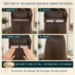 The Truly Seamless double-sided method — four steps: section, place, press and seal, blend. Each weft is 3 inches wide by 0.5 inches tall; two side by side give 6 inches of coverage.
